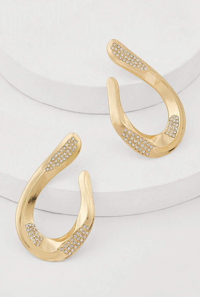 Womens Abstract Rhinestone Studded Hoop Earrings, Gold