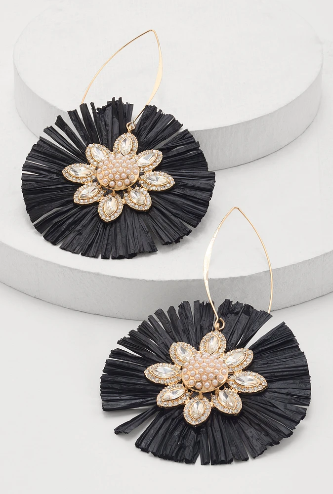 Womens Faux Pearl Rhinestone Studded Raffia Flower Drop Earrings, Black