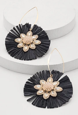 Womens Faux Pearl Rhinestone Studded Raffia Flower Drop Earrings, Black
