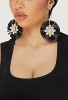 Womens Faux Pearl Rhinestone Studded Raffia Flower Drop Earrings, Black