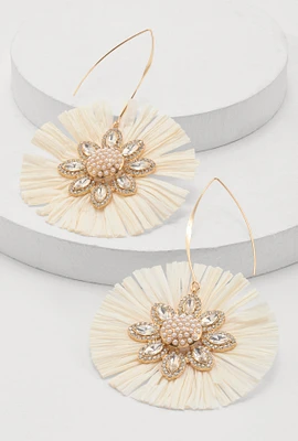 Womens Faux Pearl Rhinestone Studded Raffia Flower Drop Earrings,