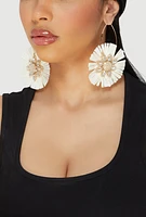 Womens Faux Pearl Rhinestone Studded Raffia Flower Drop Earrings, Beige