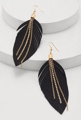 Womens Rhinestone Chain Fringe Leaf Drop Earrings, Black