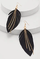 Womens Rhinestone Chain Fringe Leaf Drop Earrings, Black