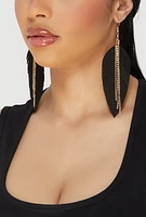 Womens Rhinestone Chain Fringe Leaf Drop Earrings, Black