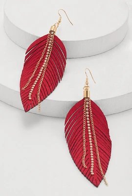 Womens Rhinestone Chain Fringe Leaf Drop Earrings, Red