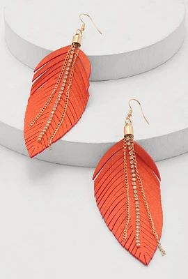 Womens Rhinestone Chain Fringe Leaf Drop Earrings, Orange