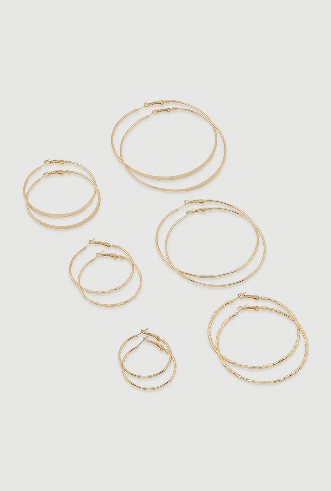Womens Assorted Metallic Hoop Earrings Set of 6, Gold