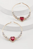 Womens Rhinestone Heart Hoop Earrings, Red