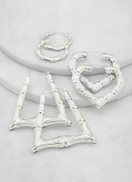 Womens Metallic Assorted Bamboo Hoop Earrings, Silver