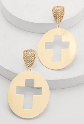 Womens Cross Cut Out Statement Drop Earrings, Gold