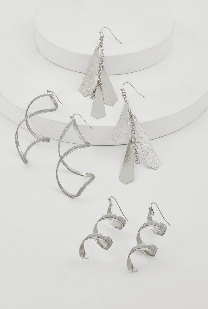 Womens Spiral Geometric Drop Earring Trio, Silver