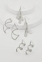 Womens Spiral Geometric Drop Earring Trio, Silver