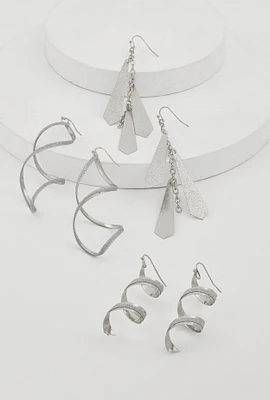 Womens Spiral Geometric Drop Earring Trio, Silver