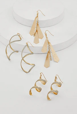 Womens Spiral Geometric Drop Earring Trio, Gold