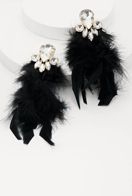 Womens Rhinestone Long Feather Drop Earrings, Black