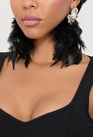 Womens Rhinestone Long Feather Drop Earrings, Black