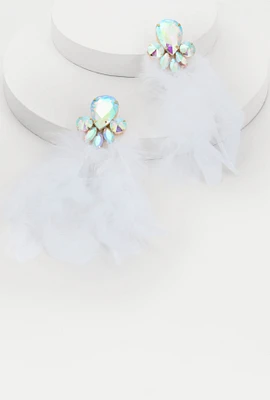 Womens Rhinestone Long Feather Drop Earrings, White
