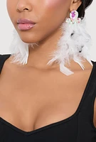 Womens Rhinestone Long Feather Drop Earrings, White