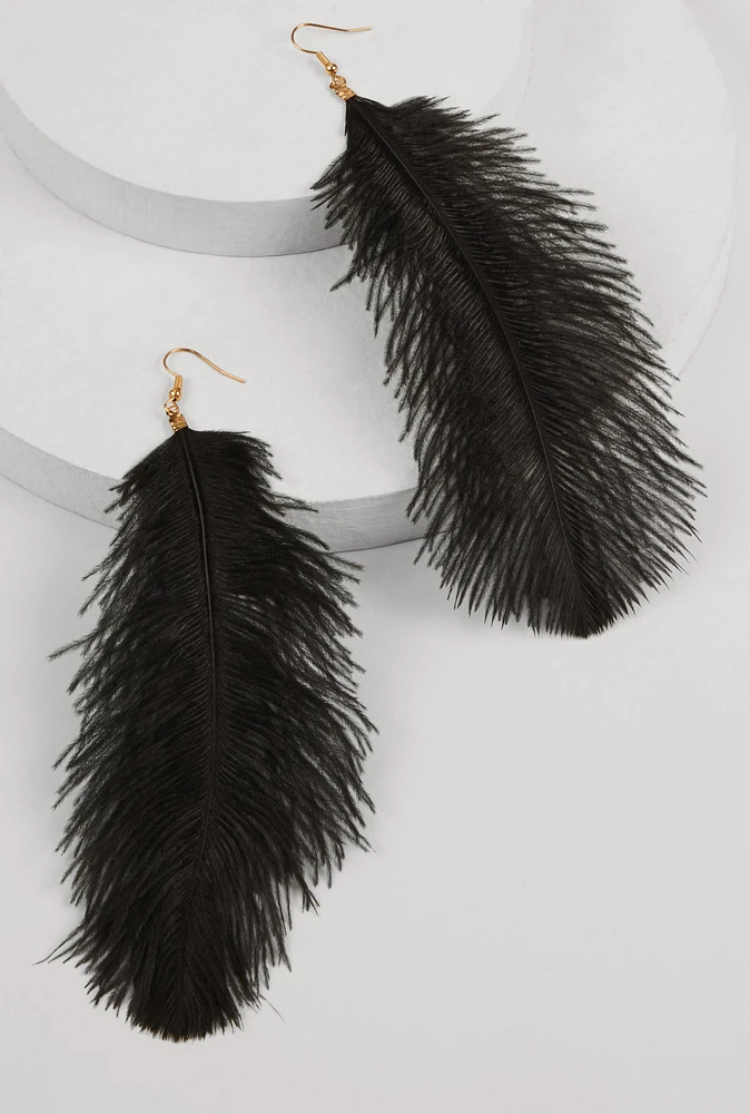 Womens Feather Drop Earrings, Black
