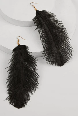Womens Feather Drop Earrings, Black