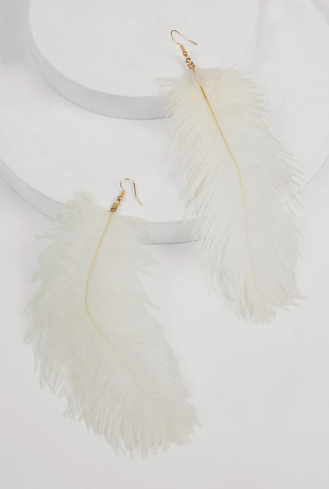 Womens Feather Drop Earrings, White