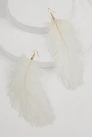 Womens Feather Drop Earrings, White