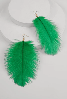 Womens Feather Drop Earrings, Green