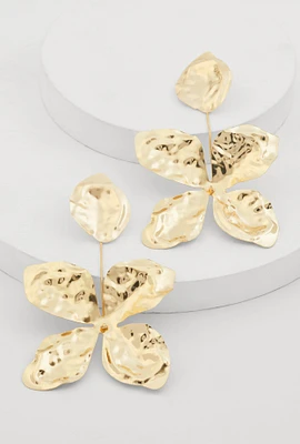 Womens Metallic Textured Flower Drop Earrings, Gold