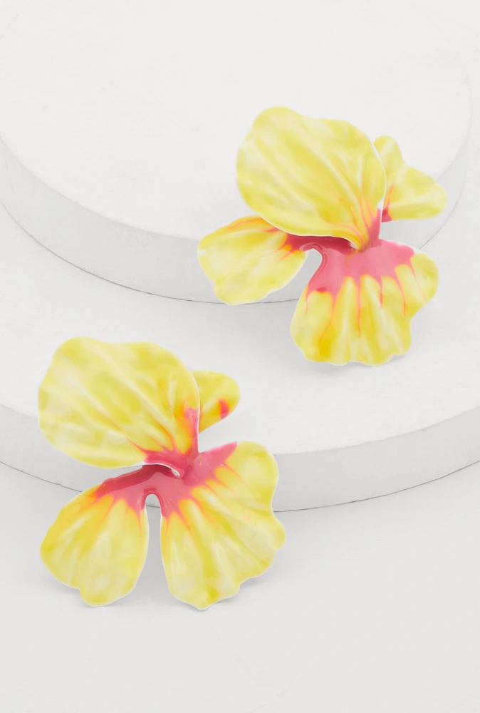 Womens Flower Statement Stud Earrings, Yellow