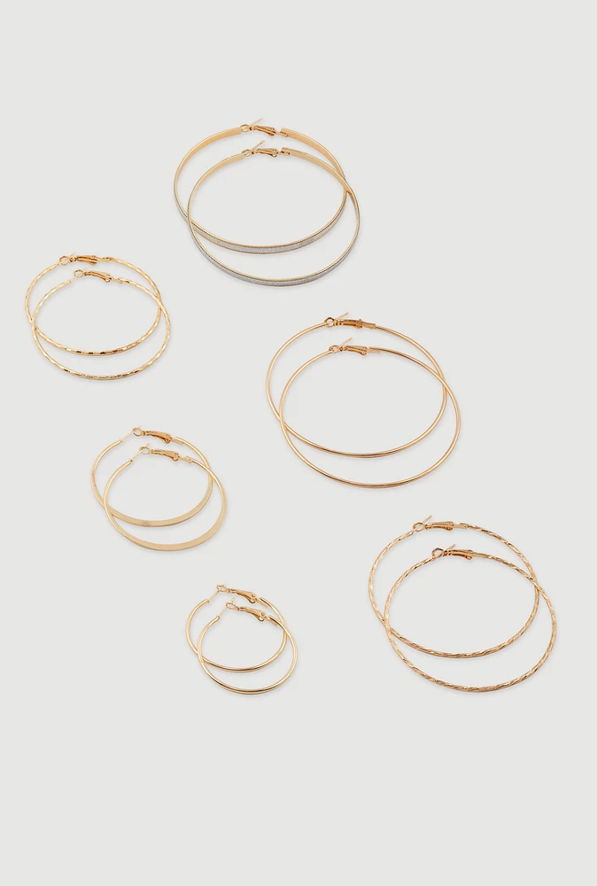Womens Assorted Textured Hoop Earrings Set of 6, Gold