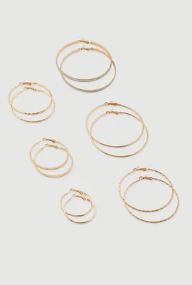 Womens Assorted Textured Hoop Earrings Set of 6, Gold