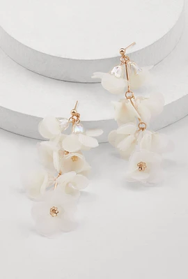 Womens Tulle Floral Drop Earrings, White