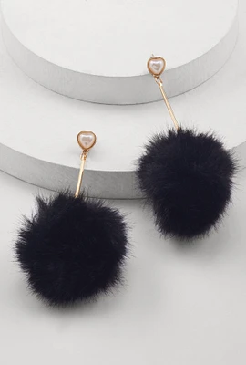 Womens Faux Pearl Heart Pom Pom Drop Earrings, Black