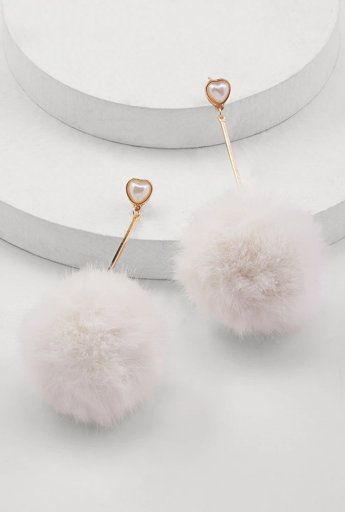Womens Faux Pearl Heart Pom Pom Drop Earrings, White