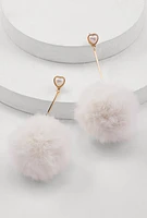 Womens Faux Pearl Heart Pom Pom Drop Earrings, White