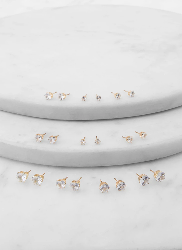 Womens Set Of 10 Cubic Zirconia Assorted Heart Stud Earrings, Gold