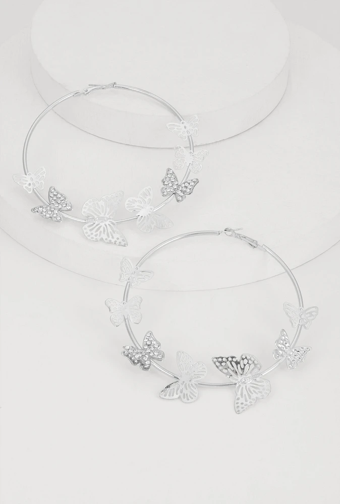 Womens Butterfly Hoop Earrings, Silver