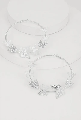 Womens Butterfly Hoop Earrings, Silver