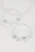 Womens Butterfly Hoop Earrings, Silver