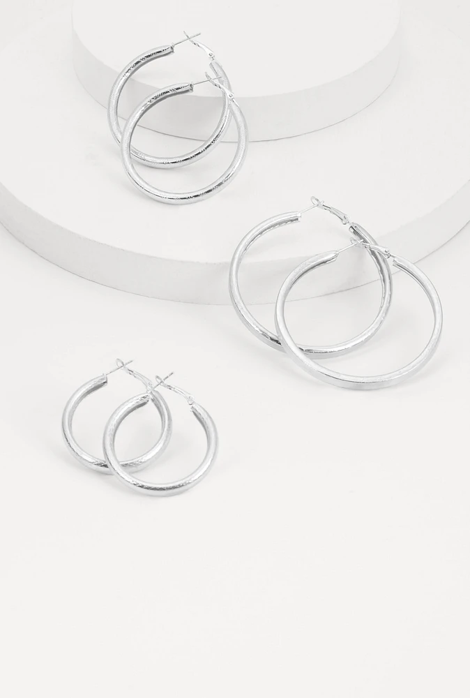 Womens Metallic Textured Hoop Earring Trio, Silver