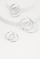 Womens Metallic Textured Hoop Earring Trio, Silver