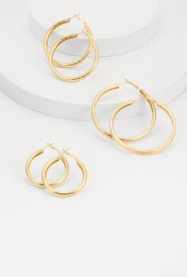 Womens Metallic Textured Hoop Earring Trio, Gold