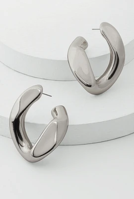 Womens Abstract Chunky Chain Hoop Earrings, Silver