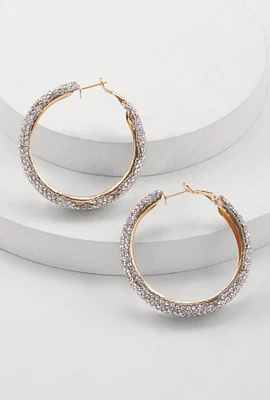 Womens Rhinestone Embellished Hoop Earrings, Gold