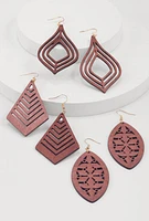 Womens Assorted Wooden Drop Earrings Set of 3, Brown