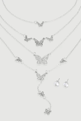 Womens Cubic Zirconia Layered Butterfly Necklace and Stud Earrings, Silver