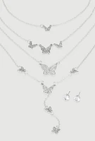 Womens Cubic Zirconia Layered Butterfly Necklace and Stud Earrings, Silver