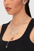 Womens Cubic Zirconia Layered Butterfly Necklace and Stud Earrings, Silver