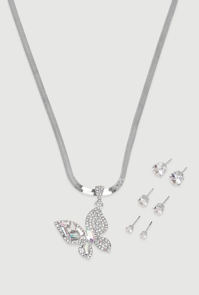 Womens Cubic Zirconia Butterfly Necklace and Stud Earrings, Silver